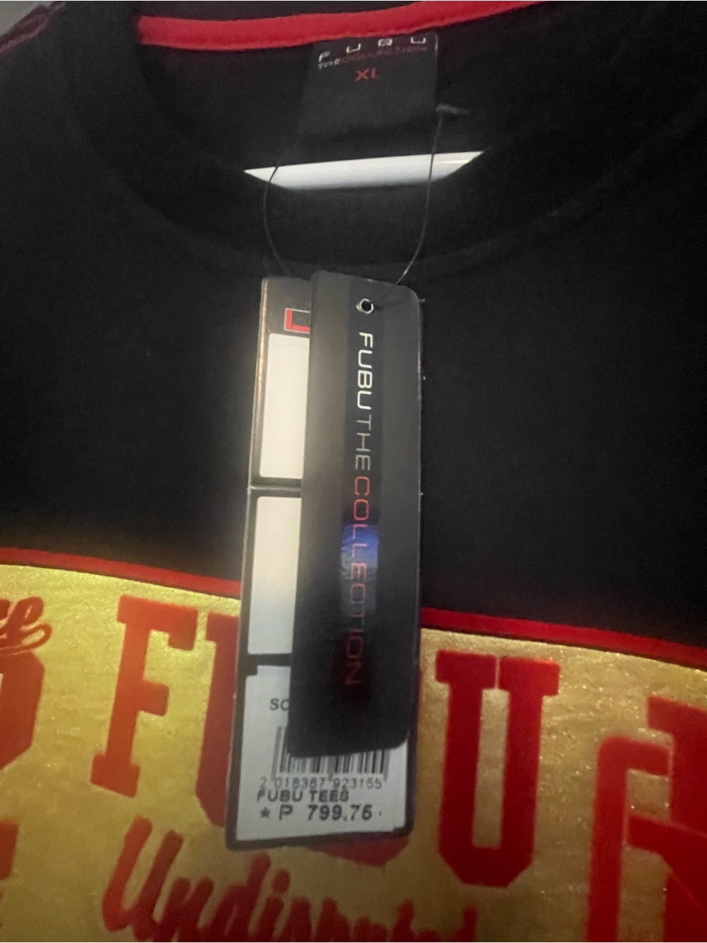 FUBU Black Tee with Yellow and Red Chest Panel
